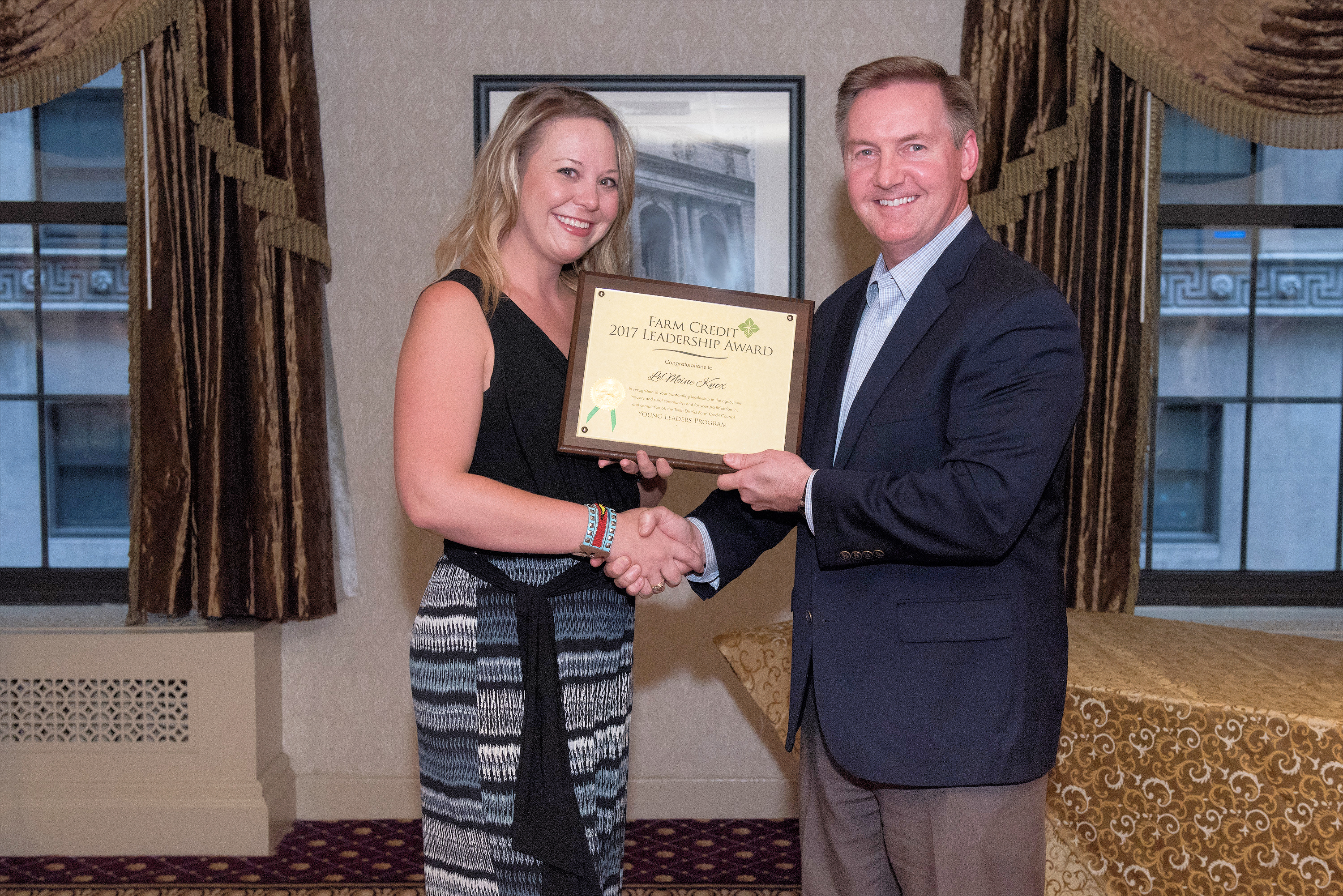 LeMoine Knox of Coleman, Texas, attended the 2017 Farm Credit Young Leaders Program on behalf of Central Texas Farm Credit. She accepted a certificate for completing the program in New York City from Stan Ray, right, Farm Credit Bank of Texas chief administrative officer and Tenth District Farm Credit Council president. LeMoine Knox of Coleman, Texas, attended the 2017 Farm Credit Young Leaders Program on behalf of Central Texas Farm Credit. She accepted a certificate for completing the program in New York City from Stan Ray, right, Farm Credit Bank of Texas chief administrative officer and Tenth District Farm Credit Council president.